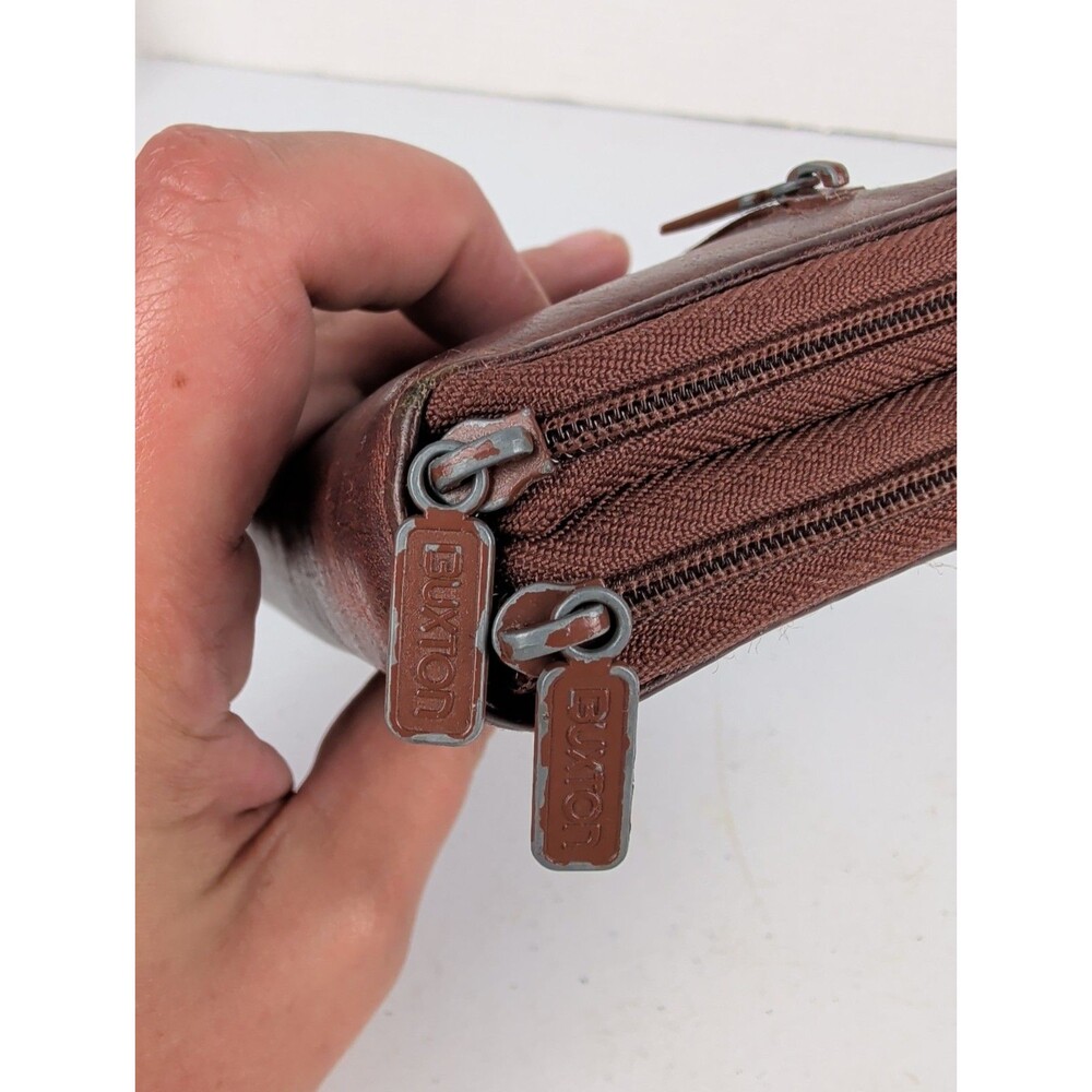 Buxton Card Wallet Double Zipper Coin Purse Brown Leather - Picture 9 of 10